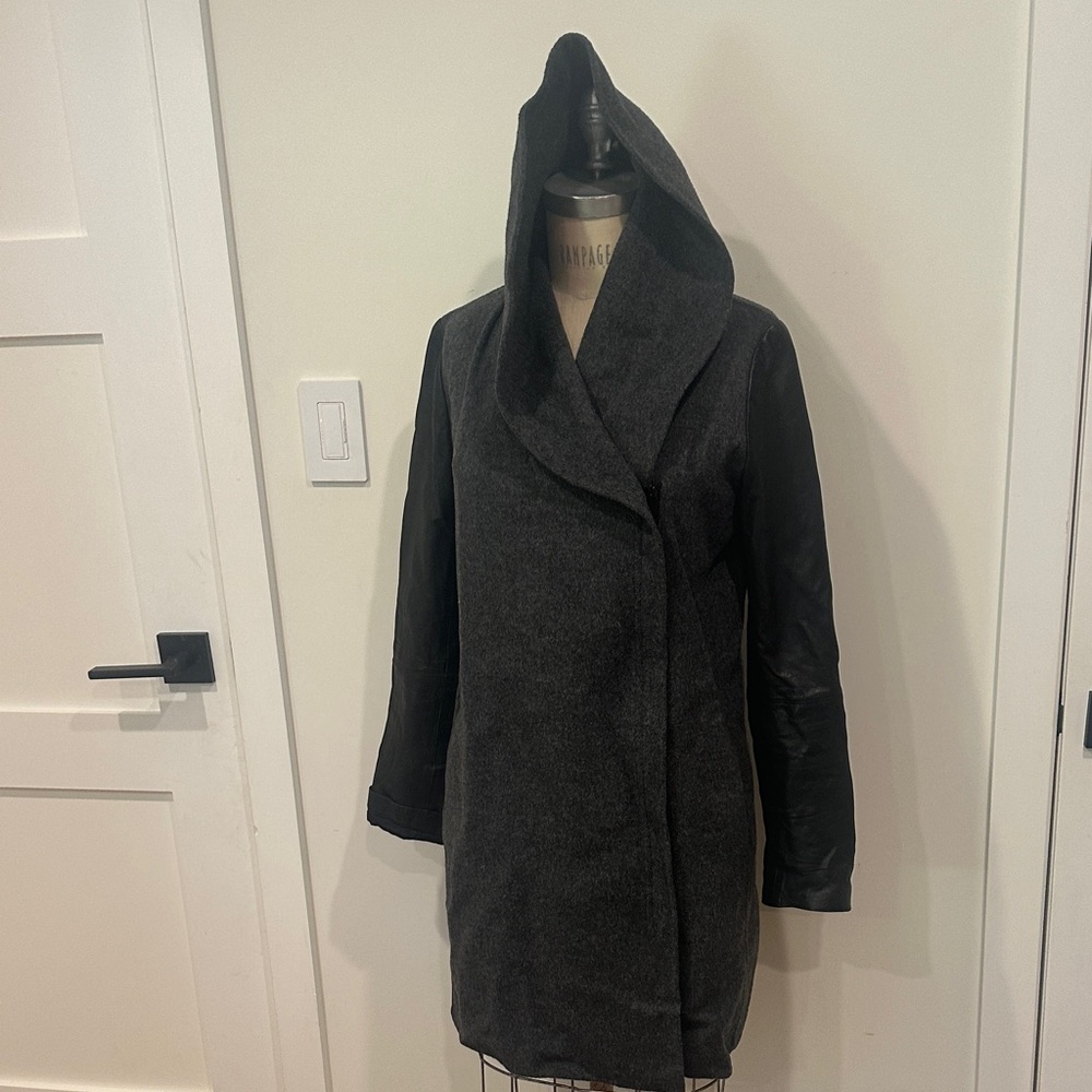 Vince  Gray Wool Trench Coat with Black Leather Sleeves